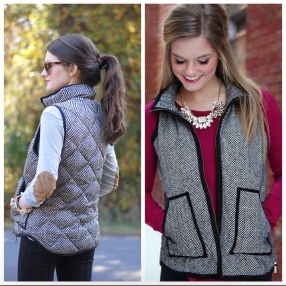 J Crew Herringbone Excursion Quilted Down Puffer Zip Vest XS